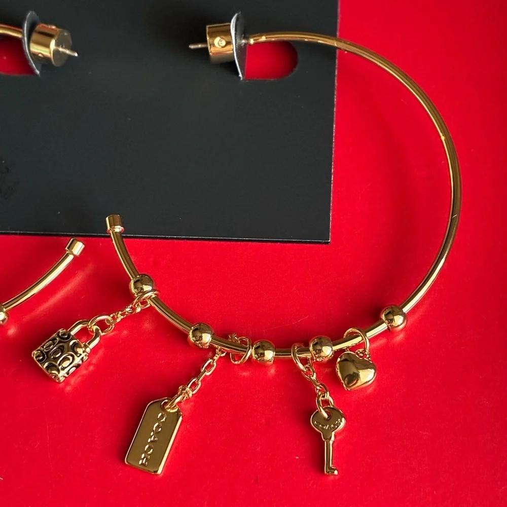 COACH Earrings,Coach Gold Hoop Earrings with Charms - Picture 2 of 11